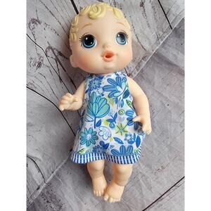 Hasbro Baby Alive Blonde Plastic Hair Baby Doll Blue and White Dress 2017 12in